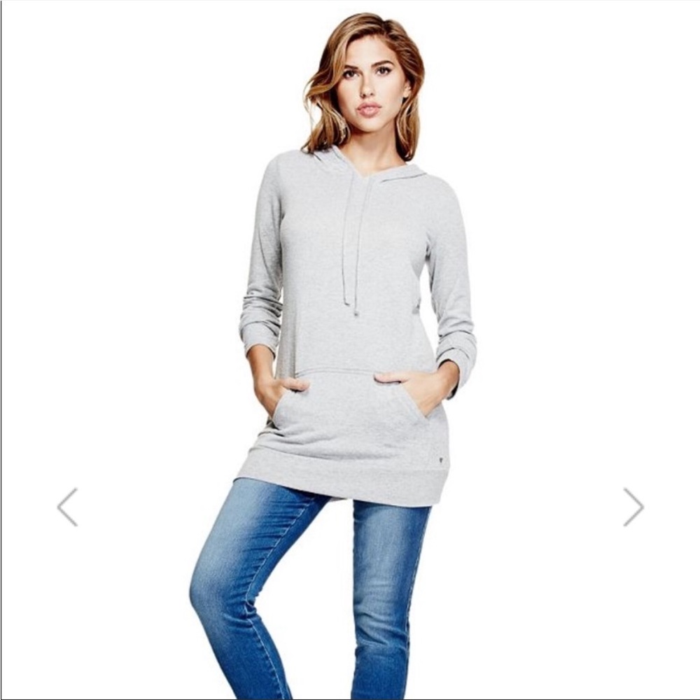 Guess Abeni long gray pullover hooded sweater with kangaroo pouch
